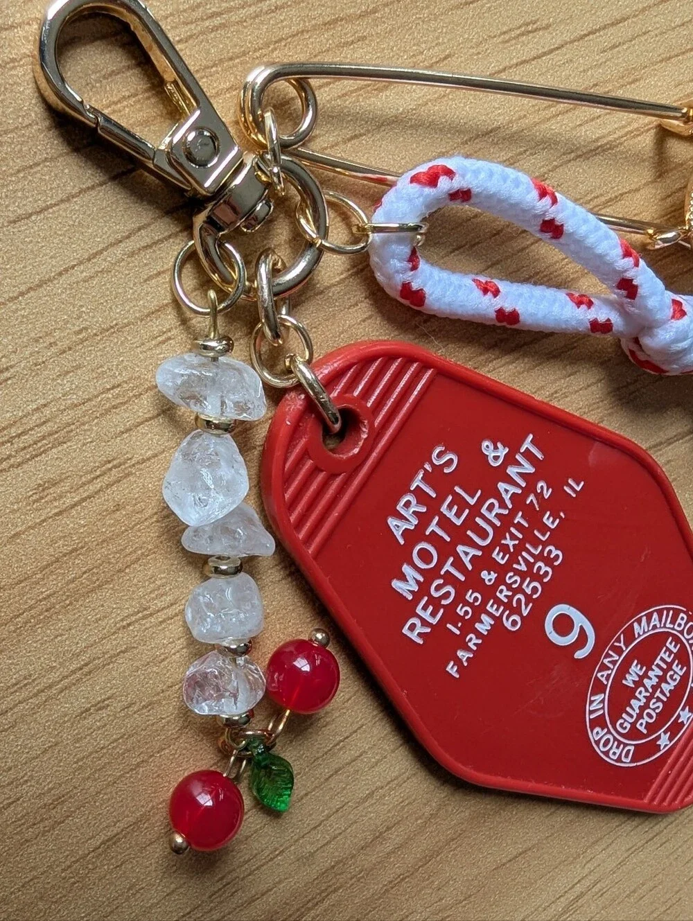Red Vintage Motel Bag Charm Keychain with Pearl and Cherry Accents Handmade